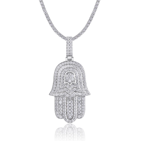 Collier Pendentif Main de Hamsa Moissanite Hip Hop en Argent Sterling 925 Chaîne Tennis Pleine de Strass Cadeau Bijoux Homme Femme