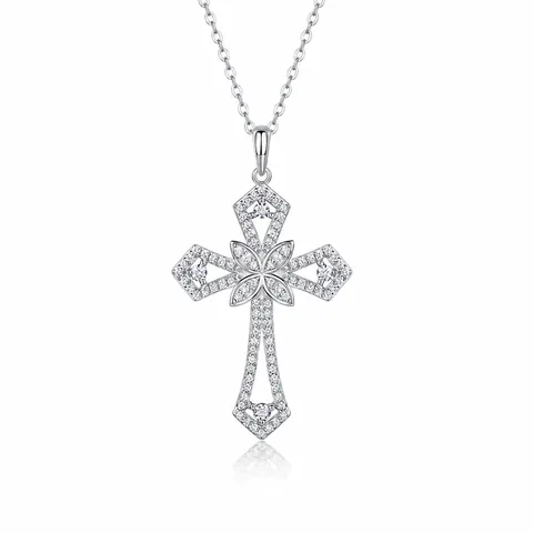 S925 Sterling Silver Moissanite Cross Pendant Necklace For Women Men Gothic Flower Hollow Out Religious Jewelry Gift