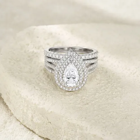 Luxe Argent Sterling 925 Taille Poire Moissanite Bague Ensemble Double Halo Mariée Mariage Fiançaille Bague Et Alliance Bijoux Pour Femmes