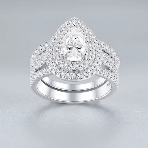 Luxe Argent Sterling 925 Taille Poire Moissanite Bague Ensemble Double Halo Mariée Mariage Fiançaille Bague Et Alliance Bijoux Pour Femmes