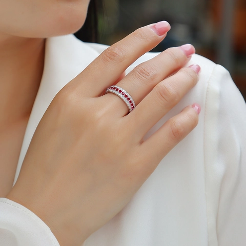 Luxury 925 Sterling Silver Moissanite Eternity Ring Triple Row Micro Inlaid Blue Green Red Gemstone Finger Ring Jewelry