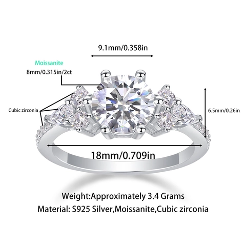 Bague Moissanite Taille Ronde 2 Carats Argent Sterling 925 Couleur D Fiançailles Mariage Anniversaire Alliance pour Femme Bijoux de Luxe