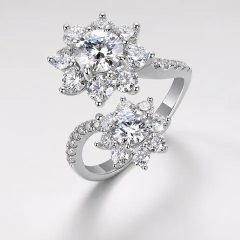 Luxurious 925 Sterling Silver Moissanite Double Flower Bypass Ring For Women D Color Round Cut Adjustable Anniversary Wedding Jewelry Gift