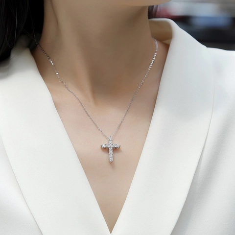 925 Sterling Silver Cross Pendant Necklace Moissanite Lab Grown Diamond Full Zirconia Inlaid Choker Necklace For Women Gift