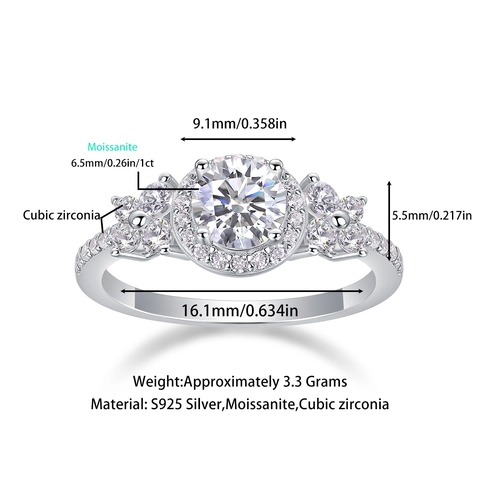 925 Sterling Silver Moissanite Ring Lab Grown Diamond Halo Engagement Ring For Women Round Cut Sparkling Wedding Jewelry