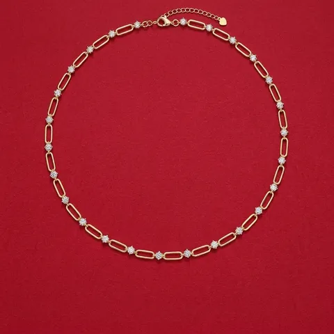925 Sterling Silver Moissanite Necklace For Women Round Cut Gold Plated Paperclip Link Chain Clavicle Necklace Elegant Ins Style
