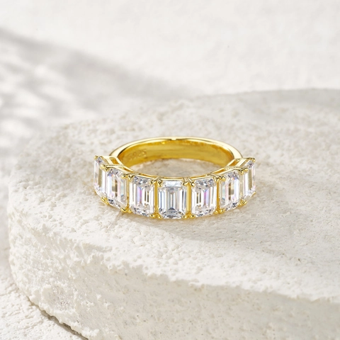 925 Sterling Silver Moissanite Eternity Ring Emerald Cut Gold Plated Stackable Engagement Band For Women Fine Jewelry