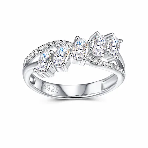 925 Sterling Silver Moissanite Ring For Women Crossover Design Oval Cut Row Ring Light Luxury Elegant Finger Jewelry Gift