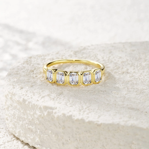 S925 Sterling Silver Emerald Cut Moissanite Row Ring 18K Gold Plated Luxury Rectangular Band Ring For Women Wedding Jewelry