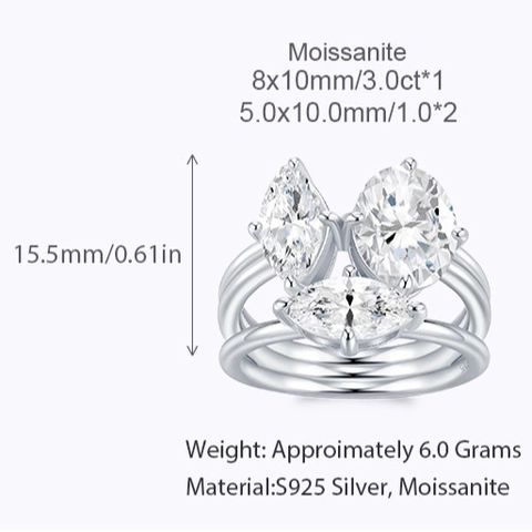 S925 Sterling Silver Moissanite Ring For Women Marquise Oval Cut Three Stone Engagement Wedding Band Jewelry Fine Jewelry
