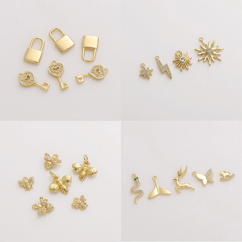 14K Gold Plated Zirconia Inlaid Copper Pendant For DIY Necklace Bracelet Making Bee Heart Sun Hexagram Charms Jewelry Accessories