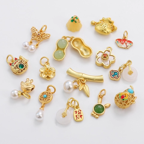 Chinese Style Copper Enamel Charms For Jewelry Making Gourd Lucky Cat Fan Pendant DIY Necklace Bracelet Handcrafted Accessories