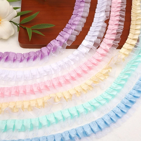 Ribete de Encaje Plisado de Doble Capa Organza Satén Cinta con Volantes para Bricolage Accesorios Cabello Gargantilla Decoración