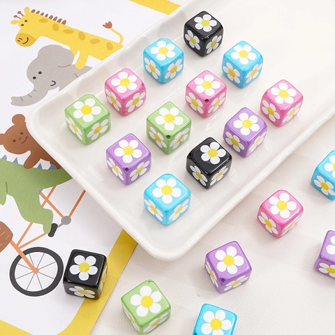 Colorful Acrylic Daisy Flower Cube Beads Printed Square Spacer Beads For DIY Bracelet Necklace Phone Chain Jewelry Making