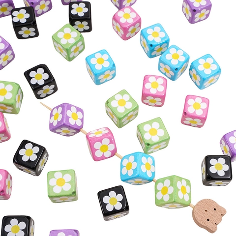 Colorful Acrylic Daisy Flower Cube Beads Printed Square Spacer Beads For DIY Bracelet Necklace Phone Chain Jewelry Making