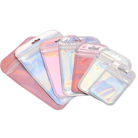 Sacs Auto-Scellants Laser Holographiques Pochettes d'Emballage de Bijoux Irisées Avec Trou de Suspension Fermeture à Glissière Fenêtre Transparente Petits Sacs de Rangement d'Entreprise