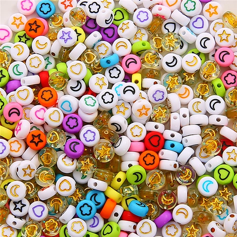 Acrylic Flat Round Loose Beads Star Moon Heart Flower Pattern Spacer Beads For DIY Jewelry Making Bracelet Kids Craft