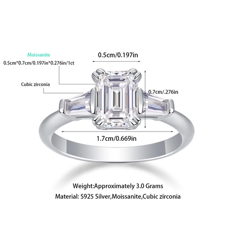 Luxury 925 Sterling Silver Moissanite Ring Emerald Cut Three Stone Engagement Wedding Ring For Women Elegant Zirconia Jewelry Accessory