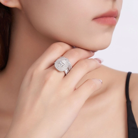 Lussuoso Set di Anelli in Moissanite Taglio a Pera Argento Sterling 925 Doppio Halo Pavé Completo Anello Matrimonio Donna Gioielli