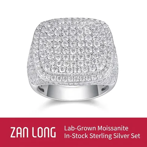 Bague Moissanite Hip Hop Homme Argent Sterling 925 Iced Out Pavé Incrusté Face Carrée Punk Rock Bijoux Bague Moissanite