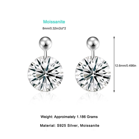 S925 Sterling Silver Moissanite Stud Drop Earrings For Women Round Brilliant Cut Sparkling Stone Jewelry For Wedding Anniversary Gift Accessory