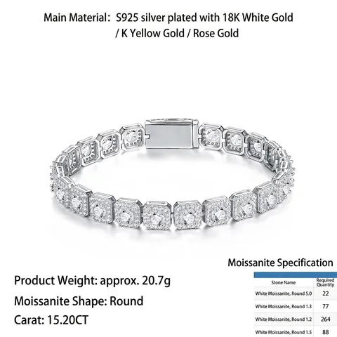 Hip Hop 925 Sterlingsilber Moissanit Tennis Armband Quadratische Pavé-Fassung Moissanit Für Herren Damen Luxus Schmuck Geschenk
