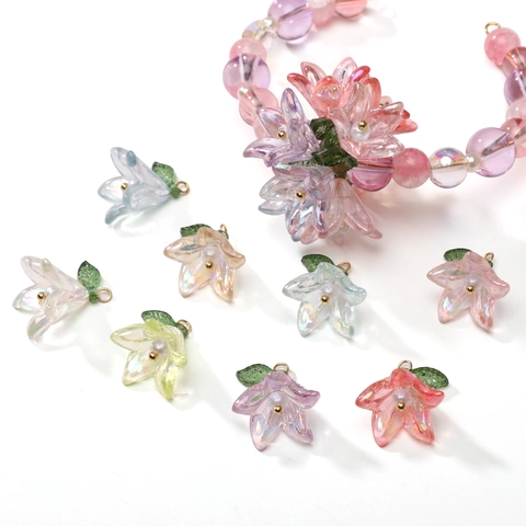 Aurora Acrylic Lily Flower Pendants With Artificial Pearl For DIY Jewelry Making Handmade Necklace Bracelet Material Accessory