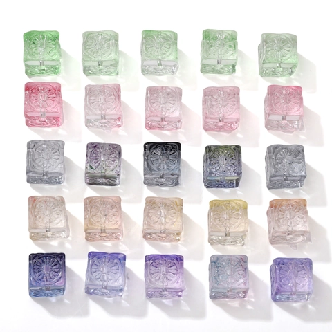 11mm Vintage Embossed Square Glass Beads Colorful Carved Floral Cube Spacer Beads For Handmade DIY Jewelry Making Bracelet