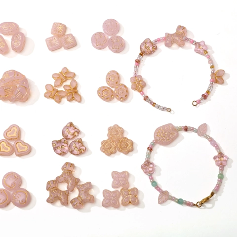Pink Glass Czech Beads For DIY Jewelry Making Vintage Gold Painted Heart Butterfly Animal Shape Loose Spacer Beads Material
