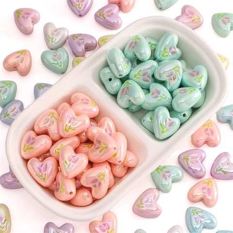 Heart Shape Acrylic Beads With Tulip Flower Print Pearlized Loose Beads For DIY Bracelet Necklace Jewelry Making Accessory
