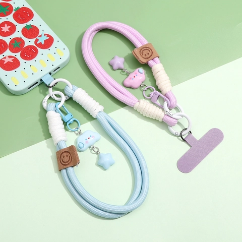 Cute Cloud Star Braided Phone Lanyard With Patch Smiley Leather Wrist Strap Woven Mobile Phone Charm Anti-Loss Key Keychain