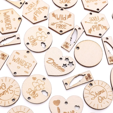 Vintage Wooden Geometric Pendants Laser Engraved Motivational Words For DIY Jewelry Making Christmas Ornaments Heart Star Round Shape Crafts