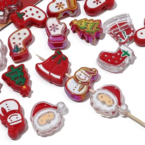Cuentas de Acrílico de Navidad Papá Noel Muñeco de Nieve Árbol de Navidad Campana Guante Forma DIY Cuentas Sueltas para Hacer Joyas Accesorios