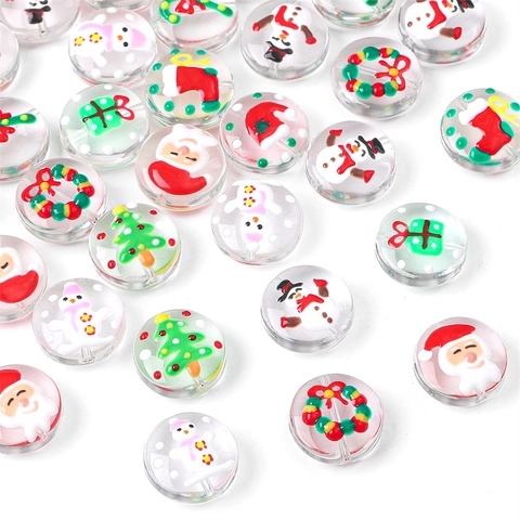 Cuentas de Vidrio Soplado Navideñas Pintadas a Mano Planas Redondas Papá Noel Muñeco de Nieve Árbol de Navidad Joyería DIY