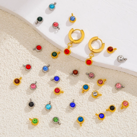 304L Stainless Steel Round 12 Month Birthstone Crystal Glass Pendant For DIY Jewelry Making Lucky Stone Charm Findings