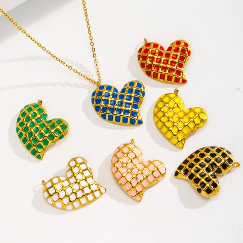 French Vintage 304 Stainless Steel Heart Enamel Pendant Checkered Striped Charm For DIY Jewelry Making Necklace Accessories