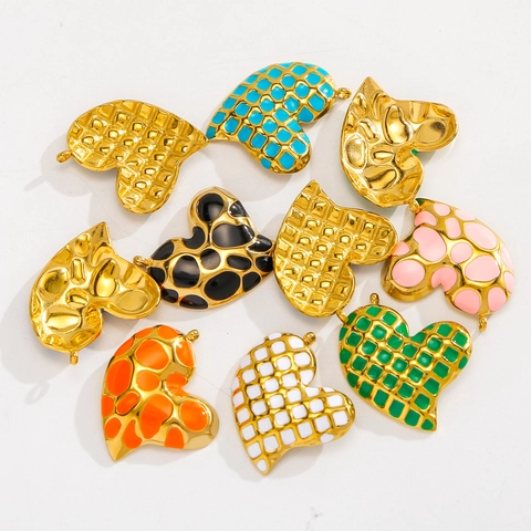 French Vintage 304 Stainless Steel Heart Enamel Pendant Checkered Striped Charm For DIY Jewelry Making Necklace Accessories
