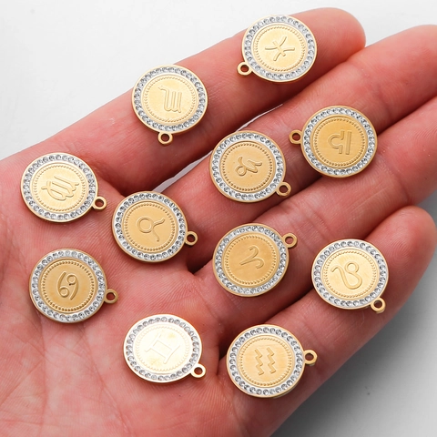 Stainless Steel Round 12 Zodiac Sign Pendants For DIY Necklace Bracelet Gold Silver Plated Rhinestone Charms Women Jewelry Making