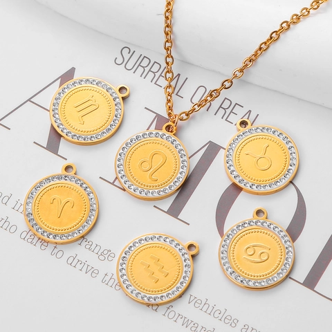 Stainless Steel Round 12 Zodiac Sign Pendants For DIY Necklace Bracelet Gold Silver Plated Rhinestone Charms Women Jewelry Making