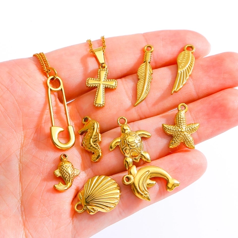 Stainless Steel Ocean Pendants Turtle Starfish Seahorse Cross Feather Shapes For DIY Necklace Jewelry Making Accessories