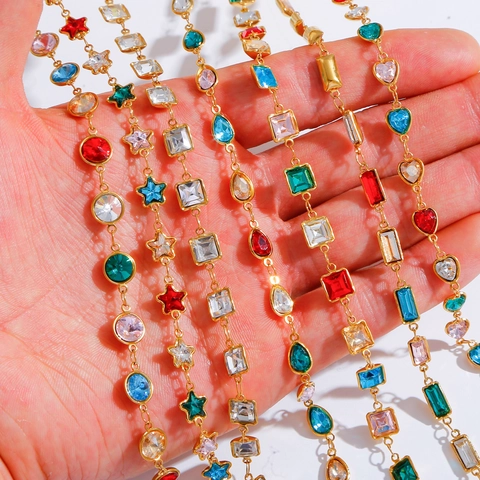 Stainless Steel Zirconia DIY Jewelry Chain Colorful Crystal Links Waterproof 18K Gold Plated Accessories For Necklace Making