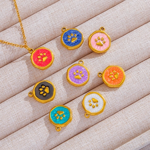 304 Stainless Steel Paw Print Pendants 18K Gold Plated Enamel Animal Charms For DIY Necklace Bracelet Jewelry Making