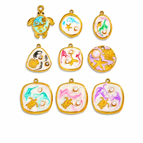 Ocean Theme Stainless Steel Pendants Jewelry Making Enamel Marine Charms Artificial Pearl Sea Turtle Starfish Shell Dolphin Charms