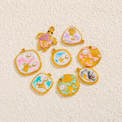 Ocean Theme Stainless Steel Pendants Jewelry Making Enamel Marine Charms Artificial Pearl Sea Turtle Starfish Shell Dolphin Charms