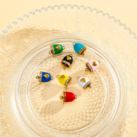 Stainless Steel Heart Pattern Bell Charm Pendant For DIY Jewelry Making Colorful Enamel Rhinestone Bell Accessories