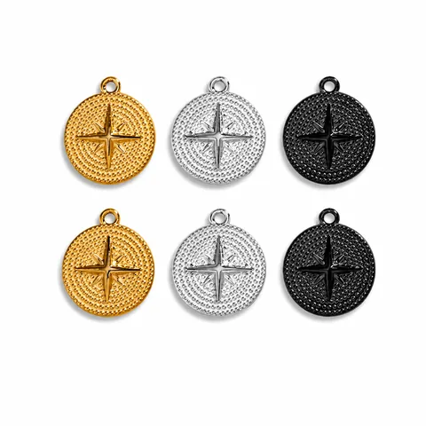 Vintage Stainless Steel Round North Star Compass Pendant For DIY Jewelry Making Accessories Gold Silver Black Charms
