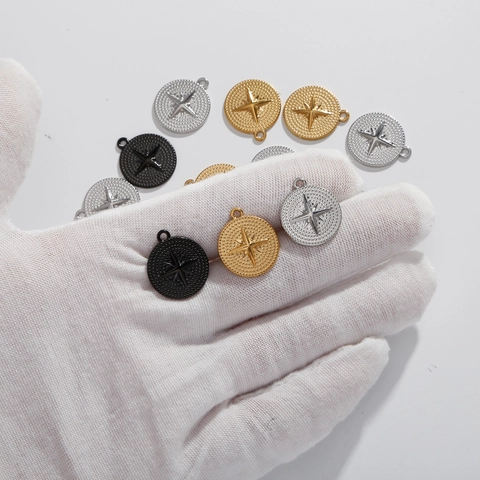 Vintage Stainless Steel Round North Star Compass Pendant For DIY Jewelry Making Accessories Gold Silver Black Charms