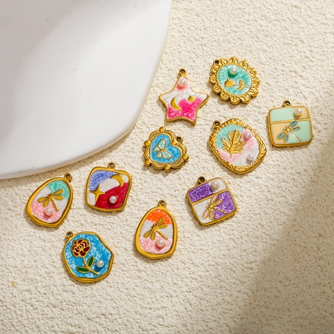 Vintage Roestvrijstalen Emaille Hangers Met Kunstparel Ster Bloem Kers Libel Patronen DIY Sieraden Maken Charms