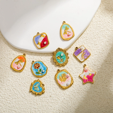 Vintage Roestvrijstalen Emaille Hangers Met Kunstparel Ster Bloem Kers Libel Patronen DIY Sieraden Maken Charms