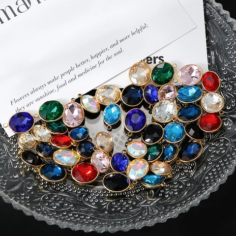 Oval Glass Stainless Steel Pendant 18K Gold Plated Faceted Cut Stone Charm DIY Necklace Earring Jewelry Making Findings